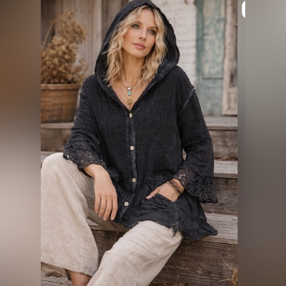 JADED GYPSY ELYSIA BLACK MINERAL WASH LACE TRIM HOODED JACKET SZ L/XL - Picture 2 of 3